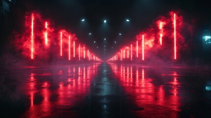 Obraz premium A mysterious road, bathed in scarlet light and shrouded in mist, creates a dramatic backdrop for fantasy films or music videos.