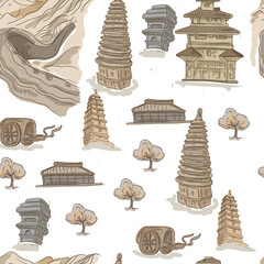 China architecture historical buildings Great Wall of China pagoda monuments culture traditions hand drawn sketch doodle
