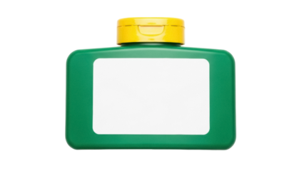 Isolated green plastic bottle with yellow cap for household or garden products, blank label