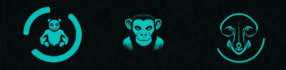 Modern illustrations of the Dog zodiac, Cancer, Monkey, and sun Eclipse symbols are available