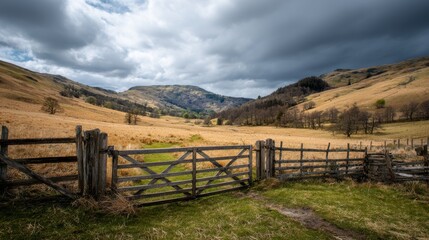Scenic Landscape with Wooden Gate and Rolling Hills under a Stormy Sky