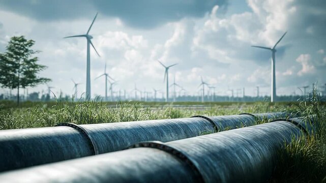 Wind turbines and pipeline in rural landscape