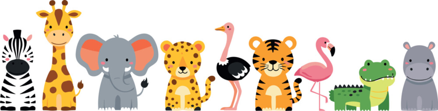 Set of cute cartoon safari animals including zebra giraffe elephant leopard ostrich tiger flamingo crocodile and hippo isolated on white background for kids design.
