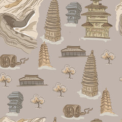 China architecture historical buildings Great Wall of China pagoda monuments culture traditions hand drawn sketch doodle