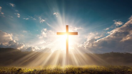 A wooden cross bathed in sunlight on a hill under a bright sky