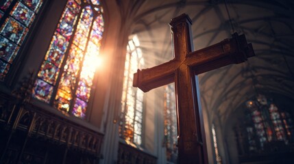A detailed shot of a wooden cross inside a church, with sunlight streaming through stained-glass windows. This evocative image captures the spiritual essence and architectural beauty of the place