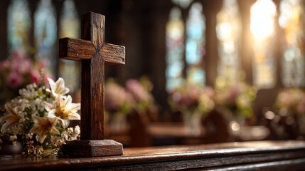 A close-up view of a wooden cross in a church interior, with floral arrangements and sunlight. The wooden cross is prominently placed on a wooden surface, suggesting faith, spirituality and solemnity
