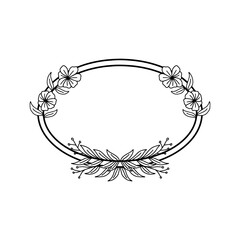 Minimalist floral oval frame outline vector. Hand drawn botanical wreath border for wedding invitation. Flower and leaf oval frame doodle illustration