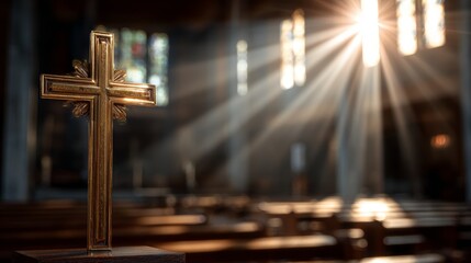 Golden cross with sunlight streaming through the windows of the church. A symbol of faith, hope, and spirituality.