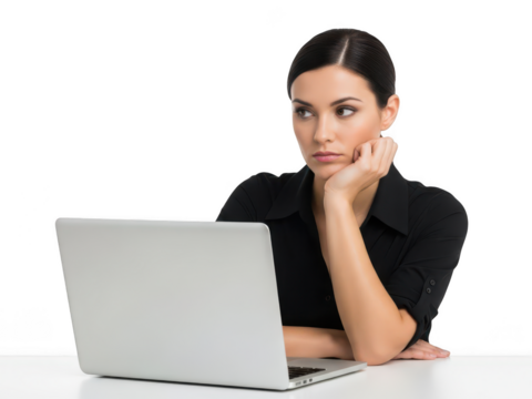 Thoughtful businesswoman working on laptop isolated on transparent background - Powered by Adobe