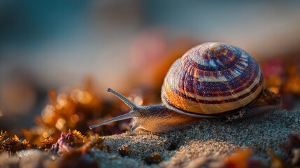 A macro shot of a single snail moving slowly across a textured surface, showcasing its shell details and elegant movement
