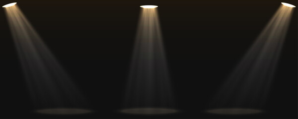 Three spotlights with volumetric beams shining on a dark floor. Stage lighting effect with light rays. Editable vector illustration.