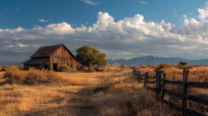Rustic barn standing proudly in a scenic landscape, with a weathered fence and dramatic sky. The scene evokes a sense of tranquility and a connection to the countryside