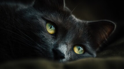 A beautiful grey cat resting and gazing towards the camera, with a close-up of its eyes