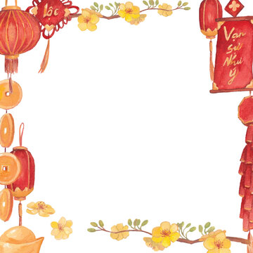 Watercolor Tet holiday frame with Vietnamese red lanterns, apricot blossoms and lucky ornaments, traditional Lunar New Year border, festive Asian spring celebration background.