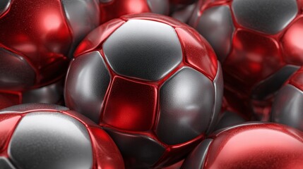 Close-up of numerous red and silver soccer ball arranged together, creating a striking visual impact. This image highlights the textures and design of the balls.
