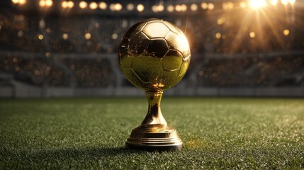 A golden trophy of a soccer ball on a green field with stadium background. This image symbolizes victory and achievement in the sports field