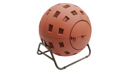 Isolated composting tumbler on stand for garden waste recycling and organic gardening