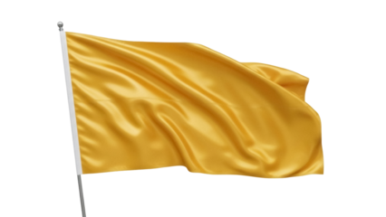 Isolated golden yellow flag waving in the wind, blank, smooth fabric texture, shiny surface
