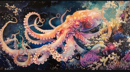 A stunning underwater scene featuring a vibrant octopus swimming amidst coral reefs