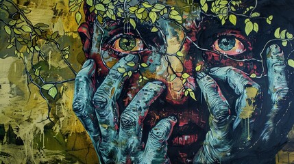 A surreal painting with a person whose face is overlaid with leaves and plants and the eyes filled with awe