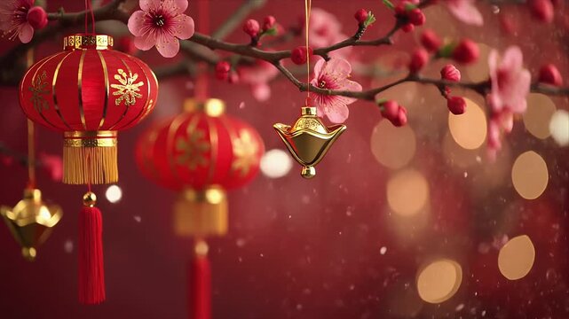 Elegant Chinese New Year background with vibrant red lanterns and delicate cherry blossoms adorning a luxurious golden framed border perfect for cultural celebrations and festive greetings