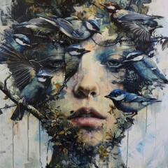 A surreal artistic portrayal, a face merging with birds and nature, symbolizing a connection