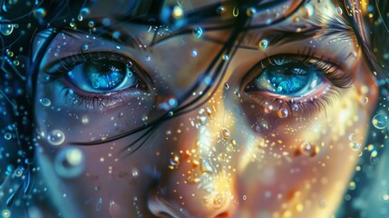 A captivating close-up of a person's eyes, shimmering with water droplets