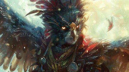 A majestic owl-like creature with outstretched wings and intricate plumage. The artwork is detailed, with vibrant colors and a touch of fantasy. 