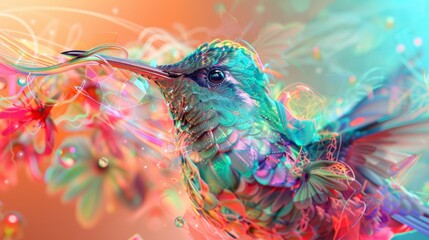 A vibrant hummingbird with its unique color pattern and long beak. It's surrounded by colorful flowers 