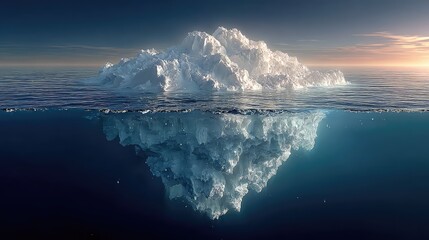 A vast, calm ocean with a single, massive iceberg, showing the small visible part above water and the huge, complex structure below, the iceberg principle in business 
