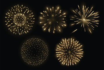 Add to any background using screen mode. Set of golden fireworks explosions on black background. Festive luxury vector decoration for New Year, 4th of July, Diwali and celebration party posters.