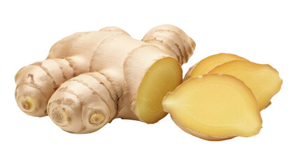 Isolated ginger root with slices for culinary spice and ingredient preparation, no background