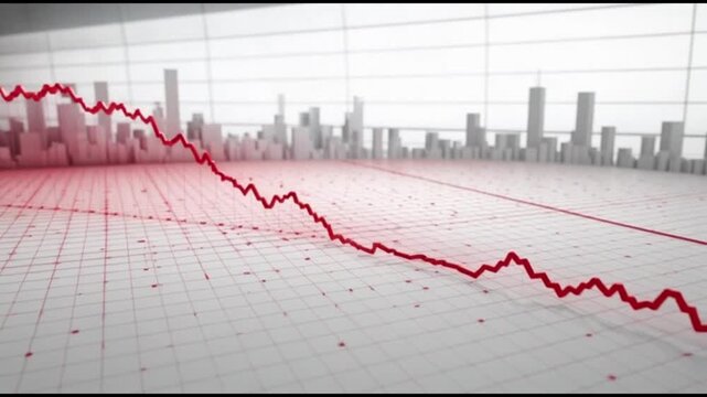 Red downward trend line financial chart city skyline economic crisis business loss recession negative growth urban background grid data visualization dramatic finance investment risk downturn stock