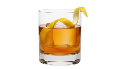 Isolated cocktail of whiskey and spirits, amber liquid with garnish of lemon zest twist
