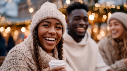 Happy woman with friends at Christmas market holding coffee. Smiling group celebrating holiday with festive bokeh lights background. Winter gathering, warm cozy atmosphere, joyful seasonal tradition.