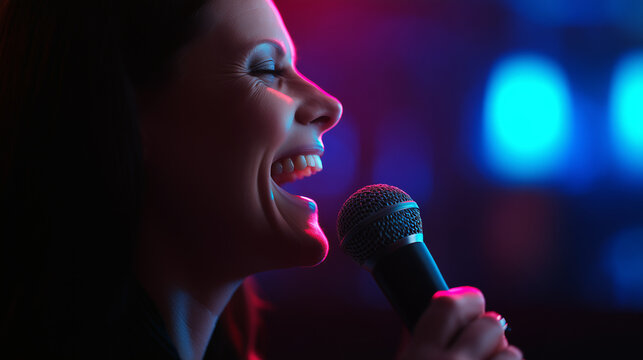 Karaoke singer performing with microphone in neon lights. Woman singing passionately at nightclub with blue and pink illumination. Entertainment party concept with dramatic stage lighting and bokeh. - Powered by Adobe