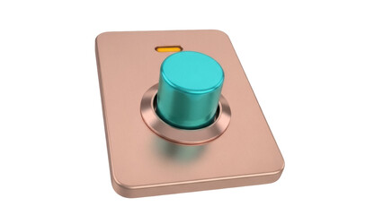 Isolated, dimmer switch with teal knob on rose gold base for control panel, modern design