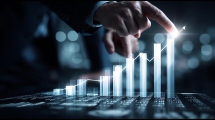 Business finance growth chart data analysis technology investment professional office environment with businessman hand pointing at digital bar graph futuristic success innovation modern upward trend - Powered by Adobe