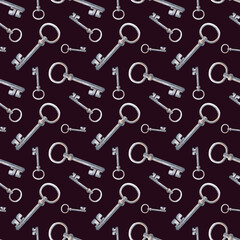 Naklejka premium Seamless pattern with rusty keys on a dark background. Watercolor illustration with old objects. Vintage template with realistic keys for wallpaper design, packaging, textiles and tableware.