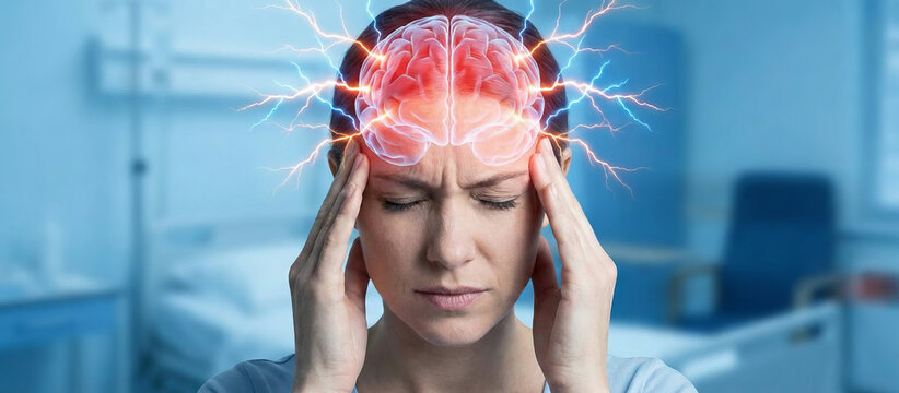 Migraine and Severe Headache: Woman with hands on temples, glowing brain and electric flashes for neurological pain.