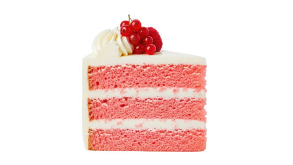 Isolated slice of pink cake with cream and berries for birthday party or dessert