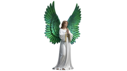Isolated Angel figure in contemplative prayer with green wings looking upward for blessing
