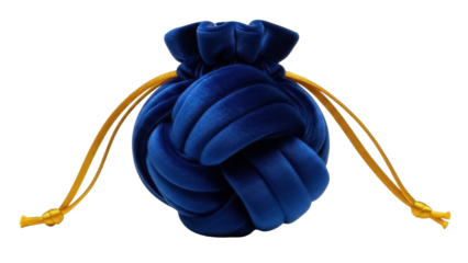 Isolated Blue Velvet Knot Pouch with Gold Drawstrings, Gift Bag, Present Sack on plain studio