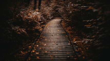 Wooden pathway winding through autumn forest with fallen leaves