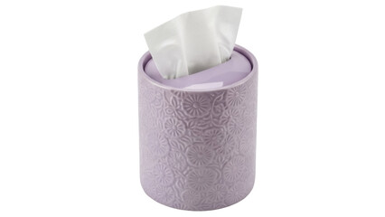 Isolated purple round tissue box with embossed floral design filled with tissue papers