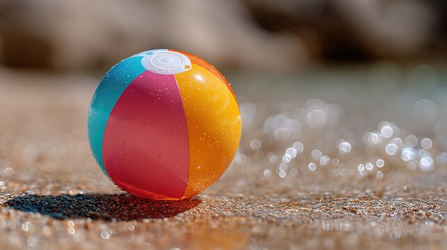Leaning in, Bright Multicolored Beach Ball on Sandy Shore Sparkling Water Background Summer Fun