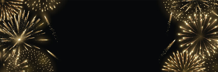 Add to any background using screen mode. Gold fireworks bursts on black background with open copy space, festive vector element for Independence Day, Diwali, New Year and anniversary promotions.