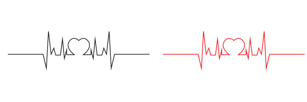 Heartbeat ECG Line Icon Comparison. Minimal illustration of red and black heartbeat ECG lines, representing heart rate monitoring, medical health status, and emergency care concept.

