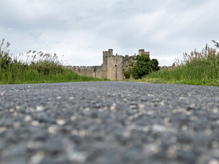 Drone photo of the old, historic city wall of Aigues-Mortes, Camargue, Provence, France